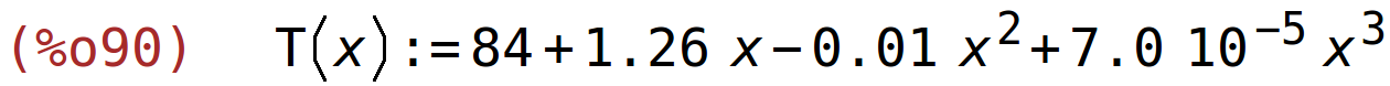 (%o90)	T(x):=84+1.26*x-0.01*x^2+7.0*10^-5*x^3