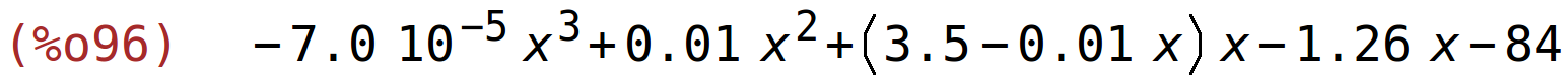 (%o96)	-7.0*10^-5*x^3+0.01*x^2+(3.5-0.01*x)*x-1.26*x-84