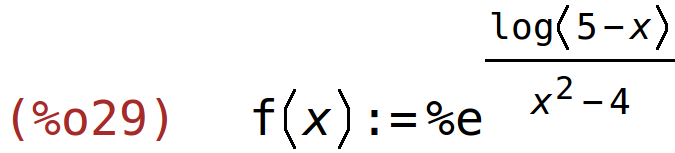 (%o29)	f(x):=%e^(log(5-x)/(x^2-4))