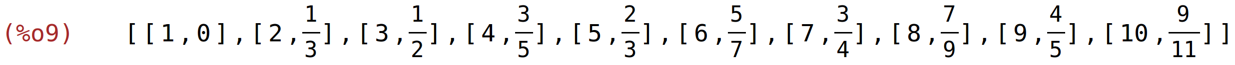 (%o9)	[[1,0],[2,1/3],[3,1/2],[4,3/5],[5,2/3],[6,5/7],[7,3/4],[8,7/9],[9,4/5],[10,9/11]]