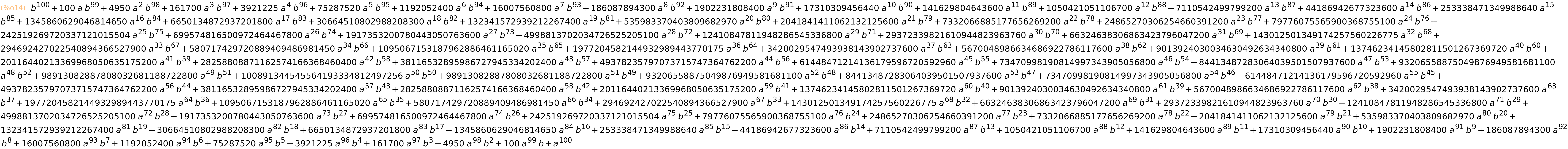 (%o14)	b^100+100*a*b^99+4950*a^2*b^98+161700*a^3*b^97+3921225*a^4*b^96+75287520*a^5*b^95+1192052400*a^6*b^94+16007560800*a^7*b^93+186087894300*a^8*b^92+1902231808400*a^9*b^91+17310309456440*a^10*b^90+141629804643600*a^11*b^89+1050421051106700*a^12*b^88+7110542499799200*a^13*b^87+44186942677323600*a^14*b^86+253338471349988640*a^15*b^85+1345860629046814650*a^16*b^84+6650134872937201800*a^17*b^83+30664510802988208300*a^18*b^82+132341572939212267400*a^19*b^81+535983370403809682970*a^20*b^80+2041841411062132125600*a^21*b^79+7332066885177656269200*a^22*b^78+24865270306254660391200*a^23*b^77+79776075565900368755100*a^24*b^76+242519269720337121015504*a^25*b^75+699574816500972464467800*a^26*b^74+1917353200780443050763600*a^27*b^73+4998813702034726525205100*a^28*b^72+12410847811948286545336800*a^29*b^71+29372339821610944823963760*a^30*b^70+66324638306863423796047200*a^31*b^69+143012501349174257560226775*a^32*b^68+294692427022540894366527900*a^33*b^67+580717429720889409486981450*a^34*b^66+1095067153187962886461165020*a^35*b^65+1977204582144932989443770175*a^36*b^64+3420029547493938143902737600*a^37*b^63+5670048986634686922786117600*a^38*b^62+9013924030034630492634340800*a^39*b^61+13746234145802811501267369720*a^40*b^60+20116440213369968050635175200*a^41*b^59+28258808871162574166368460400*a^42*b^58+38116532895986727945334202400*a^43*b^57+49378235797073715747364762200*a^44*b^56+61448471214136179596720592960*a^45*b^55+73470998190814997343905056800*a^46*b^54+84413487283064039501507937600*a^47*b^53+93206558875049876949581681100*a^48*b^52+98913082887808032681188722800*a^49*b^51+100891344545564193334812497256*a^50*b^50+98913082887808032681188722800*a^51*b^49+93206558875049876949581681100*a^52*b^48+84413487283064039501507937600*a^53*b^47+73470998190814997343905056800*a^54*b^46+61448471214136179596720592960*a^55*b^45+49378235797073715747364762200*a^56*b^44+38116532895986727945334202400*a^57*b^43+28258808871162574166368460400*a^58*b^42+20116440213369968050635175200*a^59*b^41+13746234145802811501267369720*a^60*b^40+9013924030034630492634340800*a^61*b^39+5670048986634686922786117600*a^62*b^38+3420029547493938143902737600*a^63*b^37+1977204582144932989443770175*a^64*b^36+1095067153187962886461165020*a^65*b^35+580717429720889409486981450*a^66*b^34+294692427022540894366527900*a^67*b^33+143012501349174257560226775*a^68*b^32+66324638306863423796047200*a^69*b^31+29372339821610944823963760*a^70*b^30+12410847811948286545336800*a^71*b^29+4998813702034726525205100*a^72*b^28+1917353200780443050763600*a^73*b^27+699574816500972464467800*a^74*b^26+242519269720337121015504*a^75*b^25+79776075565900368755100*a^76*b^24+24865270306254660391200*a^77*b^23+7332066885177656269200*a^78*b^22+2041841411062132125600*a^79*b^21+535983370403809682970*a^80*b^20+132341572939212267400*a^81*b^19+30664510802988208300*a^82*b^18+6650134872937201800*a^83*b^17+1345860629046814650*a^84*b^16+253338471349988640*a^85*b^15+44186942677323600*a^86*b^14+7110542499799200*a^87*b^13+1050421051106700*a^88*b^12+141629804643600*a^89*b^11+17310309456440*a^90*b^10+1902231808400*a^91*b^9+186087894300*a^92*b^8+16007560800*a^93*b^7+1192052400*a^94*b^6+75287520*a^95*b^5+3921225*a^96*b^4+161700*a^97*b^3+4950*a^98*b^2+100*a^99*b+a^100