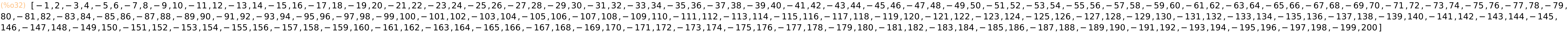 (%o32)	[-1,2,-3,4,-5,6,-7,8,-9,10,-11,12,-13,14,-15,16,-17,18,-19,20,-21,22,-23,24,-25,26,-27,28,-29,30,-31,32,-33,34,-35,36,-37,38,-39,40,-41,42,-43,44,-45,46,-47,48,-49,50,-51,52,-53,54,-55,56,-57,58,-59,60,-61,62,-63,64,-65,66,-67,68,-69,70,-71,72,-73,74,-75,76,-77,78,-79,80,-81,82,-83,84,-85,86,-87,88,-89,90,-91,92,-93,94,-95,96,-97,98,-99,100,-101,102,-103,104,-105,106,-107,108,-109,110,-111,112,-113,114,-115,116,-117,118,-119,120,-121,122,-123,124,-125,126,-127,128,-129,130,-131,132,-133,134,-135,136,-137,138,-139,140,-141,142,-143,144,-145,146,-147,148,-149,150,-151,152,-153,154,-155,156,-157,158,-159,160,-161,162,-163,164,-165,166,-167,168,-169,170,-171,172,-173,174,-175,176,-177,178,-179,180,-181,182,-183,184,-185,186,-187,188,-189,190,-191,192,-193,194,-195,196,-197,198,-199,200]