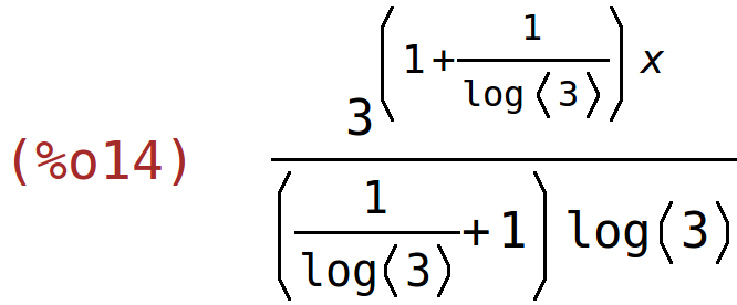 (%o14)	3^((1+1/log(3))*x)/((1/log(3)+1)*log(3))