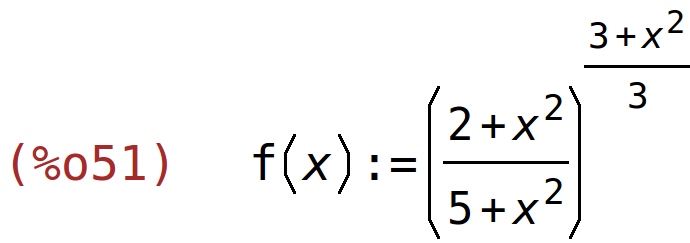 (%o51)	f(x):=((2+x^2)/(5+x^2))^((3+x^2)/3)