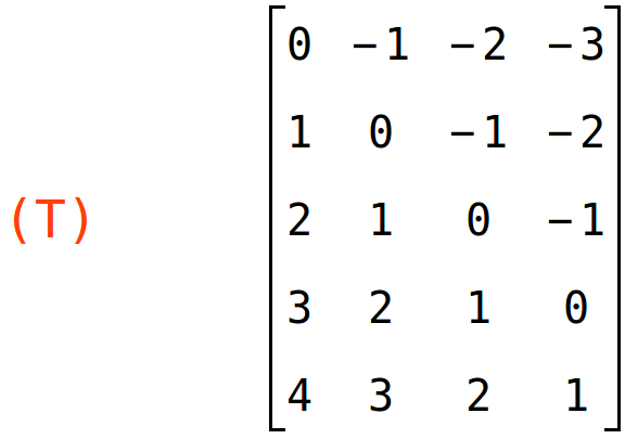 (T)	matrix(<BR>
		[0,	-1,	-2,	-3],<BR>
		[1,	0,	-1,	-2],<BR>
		[2,	1,	0,	-1],<BR>
		[3,	2,	1,	0],<BR>
		[4,	3,	2,	1]<BR>
	)