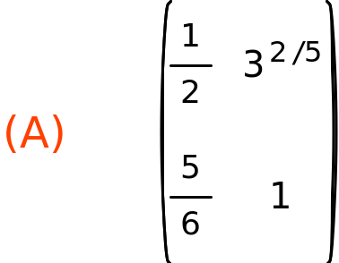 (A)	matrix(<BR>
		[1/2,	3^(2/5)],<BR>
		[5/6,	1]<BR>
	)