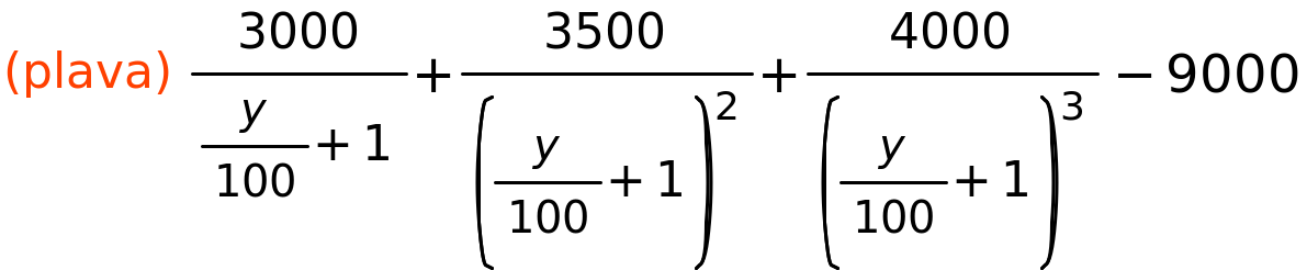 (plava)	3000/(y/100+1)+3500/(y/100+1)^2+4000/(y/100+1)^3-9000