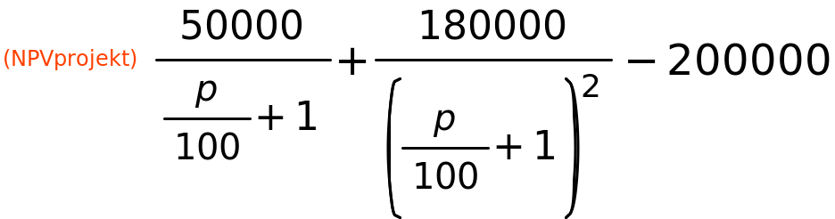 (NPVprojekt)	50000/(p/100+1)+180000/(p/100+1)^2-200000