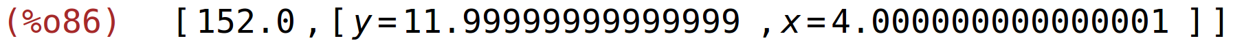 (%o86)	[152.0,[y=11.99999999999999,x=4.000000000000001]]