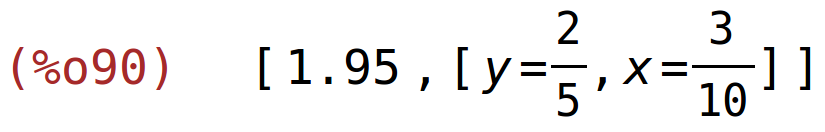 (%o90)	[1.95,[y=2/5,x=3/10]]